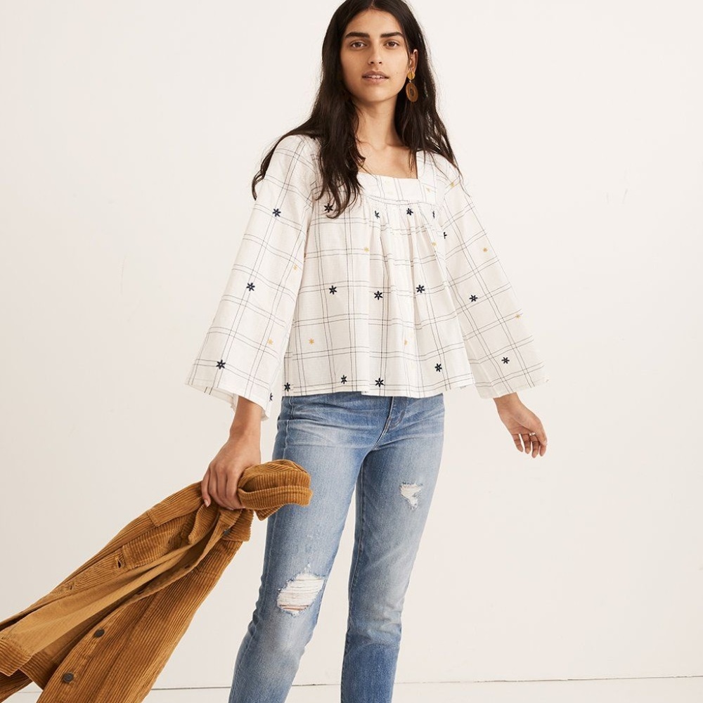 NWT Embroidered Windowpane Square-Neck Top